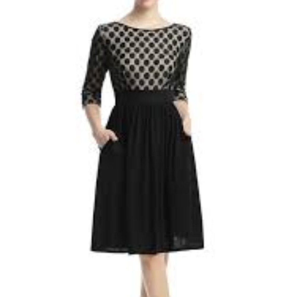 Phistic Women's "Indigo" Polka Dot Bodice Lace Overlay Fit & Flare Dress NWT